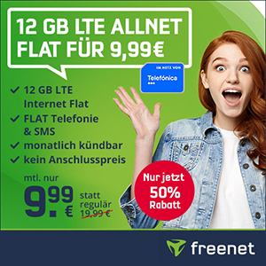 freenet green LTE Allnet- & SMS-Flat mit 12 GB Daten (o2-Netz) für nur mtl. 9,99€