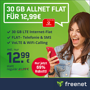 Letzter Tag! freenet 30 GB LTE Allnet Flat im Vodafone-Netz für nur 12,99€ mtl.