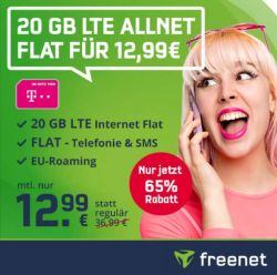 Nur noch heute: freenet 20 GB green LTE Allnet Flat im Telekom-Netz für nur 12,99€ mtl.