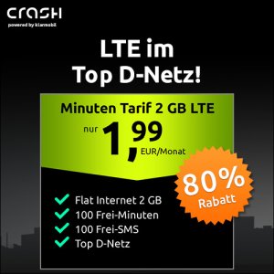 CRASH Tarif mit 2 GB Daten, 100 Frei-SMS und 100 Frei-Minuten im Vodafone-Netz für 1,99€ pro Monat