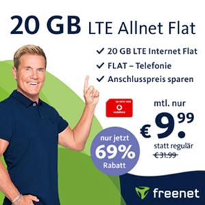 Nur bis Mitternacht! freenet Vodafone LTE Allnet Flat mit 20 GB Daten für nur 9,99€ monatlich
