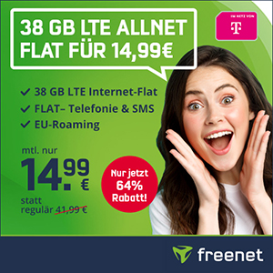 Top! freenet Telekom Green LTE Flat mit 38 GB Daten für nur 14,99€ monatlich