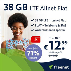 Knaller! freenet Vodafone LTE Allnet Flat mit 38 GB Daten für nur 12,99€ monatlich