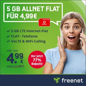 5 GB Vodafone Allnet Flat für 4,99€ mtl. – Ohne Anschlusspreis!
