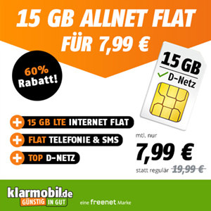 Letzter Tag: klarmobil Allnet Flat (Vodafone-Netz) mit 15 GB Daten für nur 7,99€ mtl.