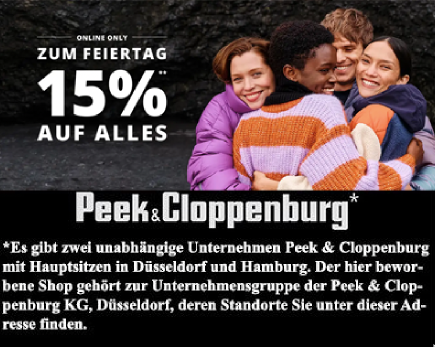 Top! 15% Gutscheincode auf alle Artikel bei Peek & Cloppenburg*