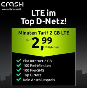 Nur  noch heute: CRASH Tarif mit 2 GB Daten, 100 SMS und 100 Inklusivminuten fÃ¼r 2,99â‚¬ pro Monat im Vodafone-Netz