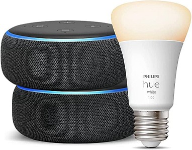 Smart-Home-Set: 2 x Echo Dot (3. Gen., Anthrazit) + Philips Hue White Smart Bulb (E27) für 34,98€ (statt 51€)