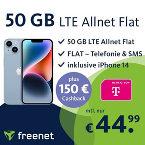 Letzte Chance! freenet Telekom Green LTE mit 50 GB für 44,99€ mtl. + Apple iPhone 14 für nur einmalig 49€ + 150€ Cashback