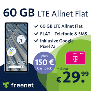 freenet Telekom Allnet Flat 60 GB für 29,99€ mtl. + Google Pixel 7a für 99€ + 150€ Cashback