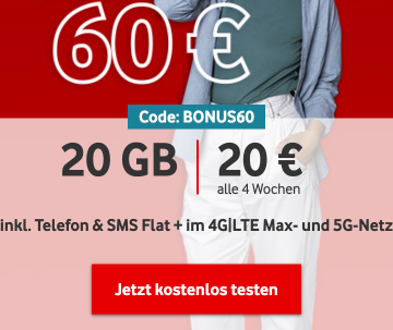 Vodafone CallYa Prepaid Digital 3 Monate kostenlos mit 20GB LTE , Allnet- und SMS-Flat durch 60€ Gutschein