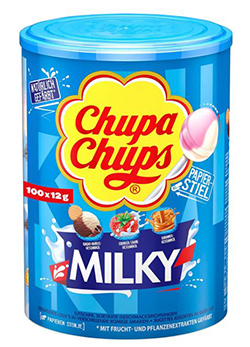 Chupa Chups Milky Lutscher-Dose (100 Stück, Karamell, Erdbeer-Sahne & Kakao-Vanille) für nur 11,99€ im Spar-Abo