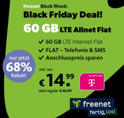 Letzte Chance: freenet Telekom LTE Allnet + SMS Flat mit 60 GB Datenvolumen für 14,99€ mtl.