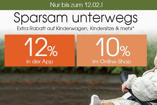 Nur heute: 10%/ 12% Rabatt auf Kinderwagen, Kindersitze und mehr im Babymarkt Online-Shop bzw. in der App