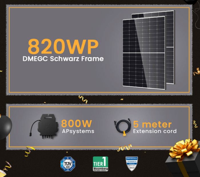 Balkonkraftwerk 820W DMEGC Schwarz Frame Module mit 800W EZ1-M APSYSTEMS Wechselrichter für 269€ bei Abholung