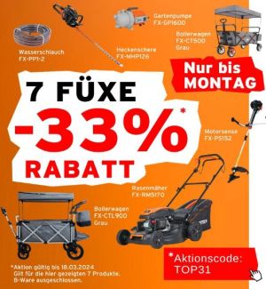 31% Rabatt auf sieben ausgewählte Produkte bei Fuxtec! Z. B. den FUXTEC FX-CTL900 Bollerwagen für nur 280,21€ (statt 314,10€)