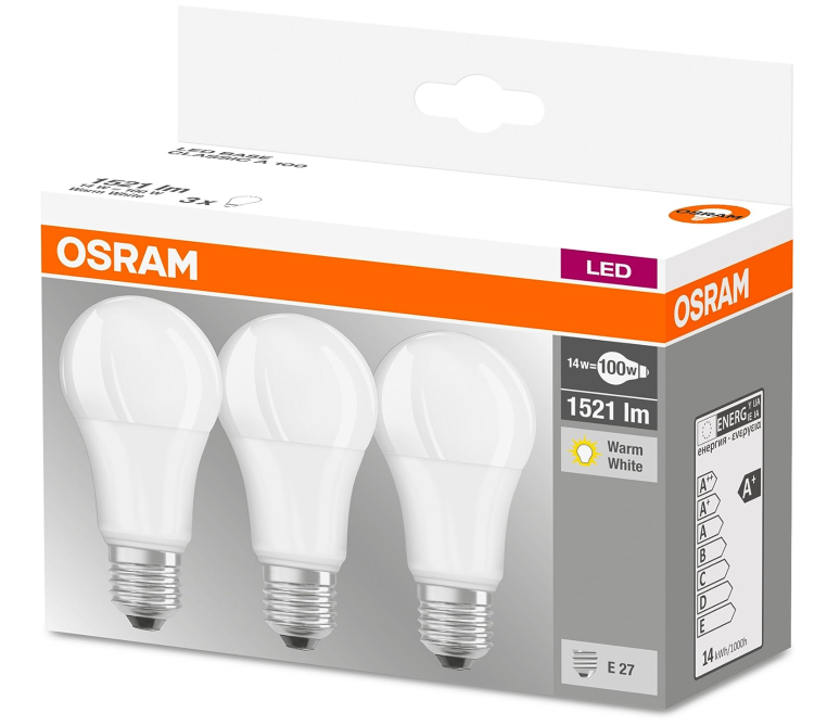 Osram LED Base Classic Glühbirne (3 Stück) 13W, Warmweiß 2700 Kelvin, E27 für nur 5,99 € mit Prime-Versand