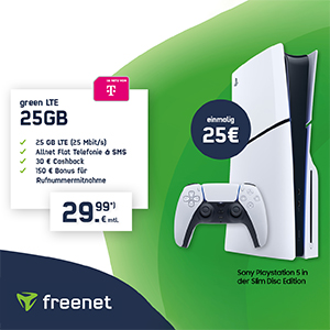 Nur noch Heute! freenet Telekom Green LTE Allnet-Flat mit 25 GB für mtl. 29,99€ + 30€ Cashback + 150€ Bonus + Playstation 5 Slim für 25€