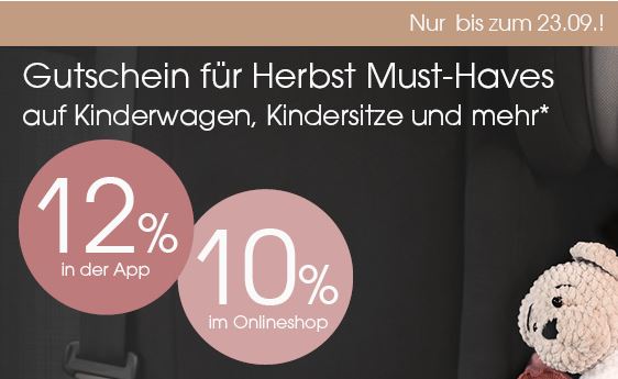 Nur heute: 10%/ 12% Rabatt auf Kinderwagen, Kindersitze und mehr im Babymarkt Online-Shop bzw. in der App