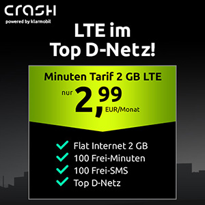 CRASH Tarif (Vodafone) mit 2 GB Daten, 100 SMS & 100 Minuten für 2,99€ mtl.