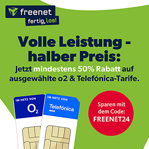 freenet: Mindestens 50% Rabatt auf o2- & Telefónica-Tarife – z.B. 70 GB LTE Allnet-Flat für 14,99€ mtl.