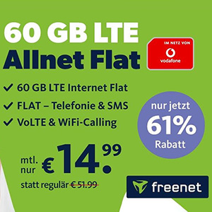 freenet Vodafone LTE Allnet Flat mit 60 GB Daten fÃ¼r nur 14,99â‚¬ monatlich