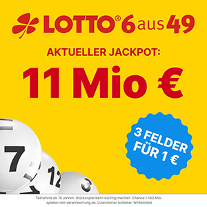 Heute 11 Mio. Lotto Jackpot: 3 Felder Lotto 6-aus-49 für 1€ bei Tippland.de – Neukunden