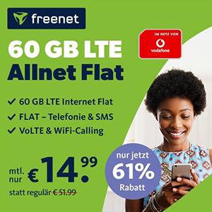 freenet Vodafone LTE Allnet Flat mit 60 GB Daten für nur 14,99€ monatlich