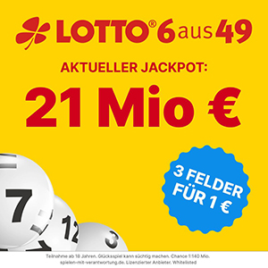 Samstag 21 Mio. Lotto Jackpot: 3 Felder Lotto 6-aus-49 für 1€ bei Tippland.de – Neukunden