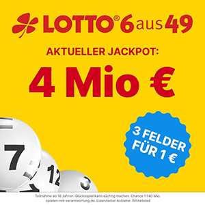 Heute 4 Mio. Lotto Jackpot: 3 Felder Lotto 6-aus-49 für 1€ bei Tippland.de – Neukunden
