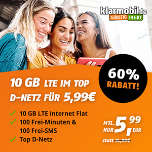 Letzte Chance! Klarmobil 10 GB LTE Vodafone Tarif mit 100 Frei-Minuten & -SMS für mtl. 5,99€ – ohne AG!