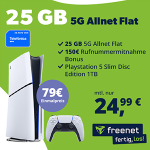 freenet Telefonica 5G Allnet Flat mit 25 GB für 24,99€ mtl. + Playstation 5 für 75€ + 150€ Bonus