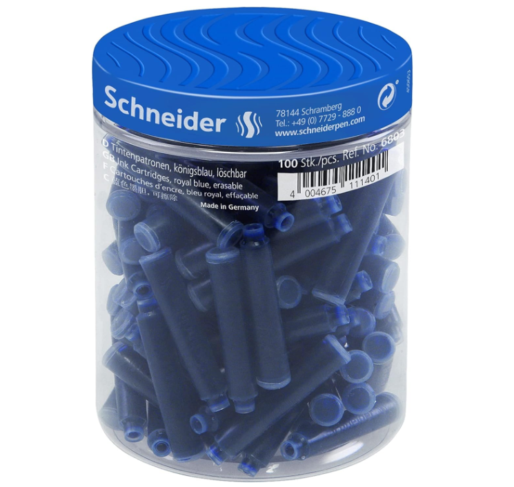 Schneider 6803 Tintenpatronen (Standard Patronen für Füller, löschbar) königsblau, 100 Stück für nur 3,49€ bei Prime inkl. Versand