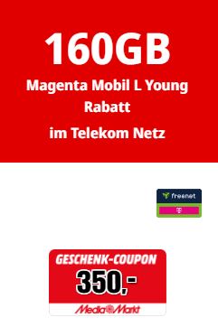 Freenet Telekom Magenta Mobil L Young Allnet Flat Tarif mit 160 GB 5G Datenflat (bis zu 300 Mbit/s) für nur 24,95€ mtl. + 350€ Geschenkcoupon + 50€ Cashback + 50€ Wechselbonus