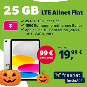 freenet Telekom Allnet Flat mit 25 GB Daten für 19,99€ mtl. + Apple iPad 10. Gen für 99€ + 150€ Bonus