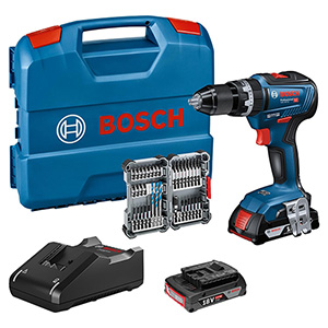 Bosch Professional Akku Schlagbohrschrauber GSB 18V-55 mit 2x 2.0 Ah Akkus, Ladegerät und Zubehör-Set für 194,99€