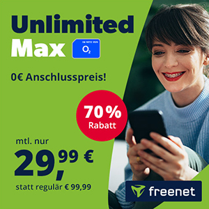 freenet o2 Mobile Unlimited Max Allnet Flat für nur mtl. 29,99€ – monatlich kündbar oder 24 Monate