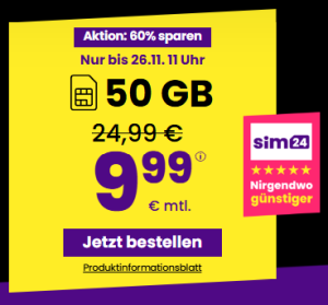 Sim24 Allnet Flat – z.B. 50 GB Allnet Tarif (bis 100 Mbit/s) für nur 9,99€ mtl. – 80GB für mtl. 14,99€