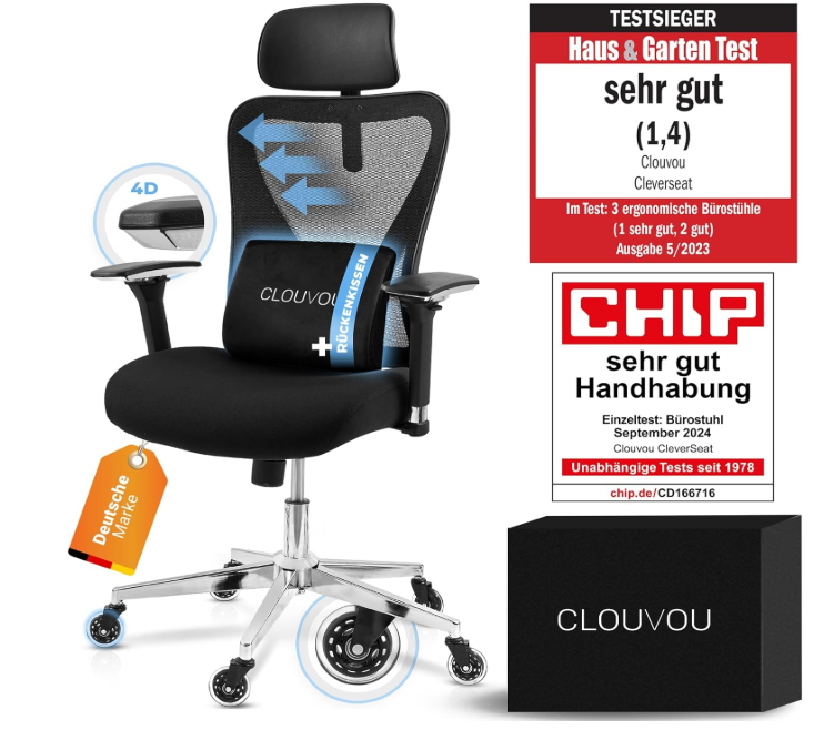 CLOUVOU CleverSeat Bürostuhl Ergonomisch Drehstuhl belastbar bis 150kg für nur 209,99€ inkl. Versand