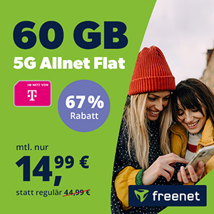 freenet Telekom 5G Allnet Flat mit 60 GB Daten für nur 14,99€ monatlich