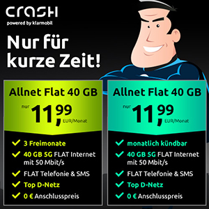 Crash 5G Allnet-Flat mit 40 GB im Vodafone-Netz für 11,99€ mtl. – monatlich kündbar oder 24 Monate!