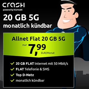 Crash 5G Allnet-Flat mit 20 GB im Vodafone-Netz für 7,99€ mtl. – monatlich kündbar!