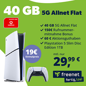 freenet Vodafone 5G Allnet Flat mit 40 GB für 29,99€ mtl. + Playstation 5 für 19€ + 150€ Bonus + 60€ Guthaben