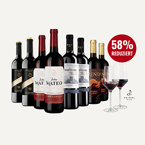 Hawesko Probierpaket: 8 Flaschen Spanischer Tempranillo + 2 Gläser für 39,90€