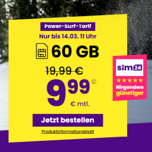 Sim24 Allnet Flat (bis 100 Mbit/s) – z.B. 30 GB Allnet Tarif für nur 6,99€ mtl. oder 90GB für mtl. 14,99€