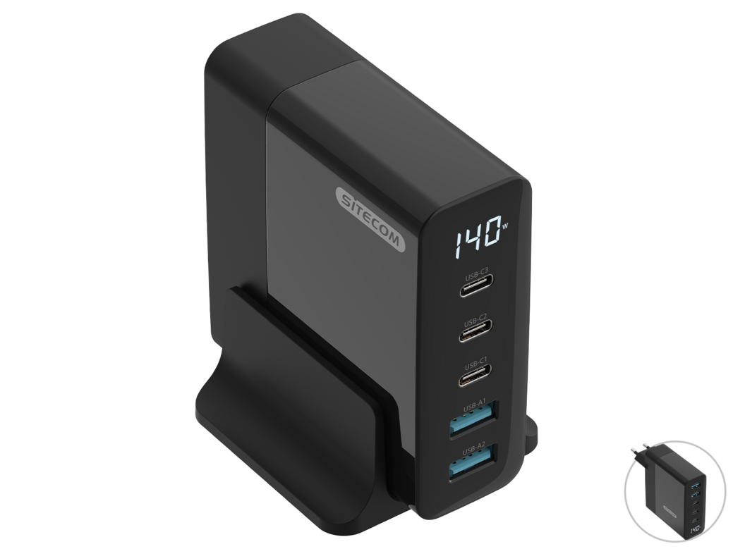 Sitecom CH-1004 Desktop-Ladegerät mit LED-Bildschirm | 140 W GaN | PD