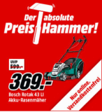 BOSCH 06008A4500 ROTAK 43 LI Rasenmäher , Schnittbreite: 430 mm, Schnitthöhe: 20-70 mm, 50 Liter Fangkorbvolumen für nur 369,- Euro inkl. Versand