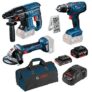 Bosch 18 Volt Akku-Bohrschrauber GSR 18 V-21 + Akku-Bohrhammer GBH 18 V-21 + Akku-Winkelschleifer GWS 18 V-7 + 2 Akkus + 25tlg. Bitset für 329€ (statt 389€)