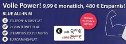 Tarif o2 Blue All-in M mit 2GB Datenvolumen, Allnet-Flat und SMS-Flat nur 9,99 Euro monatlich!