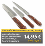 [ZWEIBRÜDER] OHA! Zweibrüder 3-teiliges japanisches Sushi Messer-Set nur 14,95 Euro + El Fuego Holzkohlegrill Seattle als Tischgrill nur 16,99 Euro
